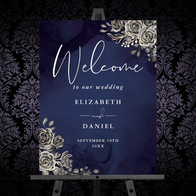 Midnight Blue Gothic Floral Wedding Welcome Sign (Midnight Blue Gothic Floral Wedding Welcome Sign)
