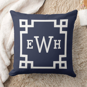 Midnight Blue Greek Key Monogram Initial Throw Pillow