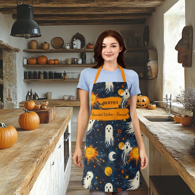 Midnight Blue Halloween Apron with Ghosts and Sun  (Creator Uploaded)