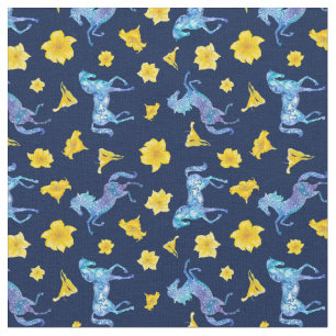 Midnight Blue Horses and Yellow Lilies Fabric