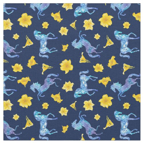 Midnight Blue Horses and Yellow Lilies Fabric