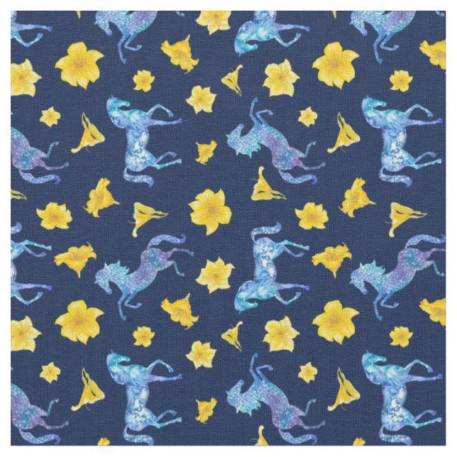 Midnight Blue Horses and Yellow Lilies Fabric (Close Up)