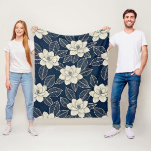 Midnight Blue Ivory Magnolia Modern Floral Fleece Blanket