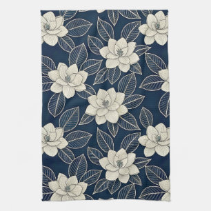 Midnight Blue Ivory Magnolia Modern Floral Kitchen Towel