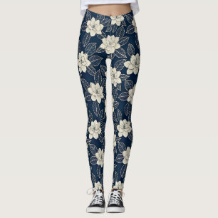 Midnight Blue Ivory Magnolia Modern Floral Leggings