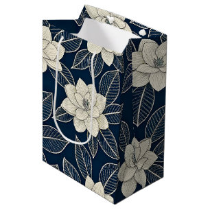 Midnight Blue Ivory Magnolia Modern Floral Medium Gift Bag