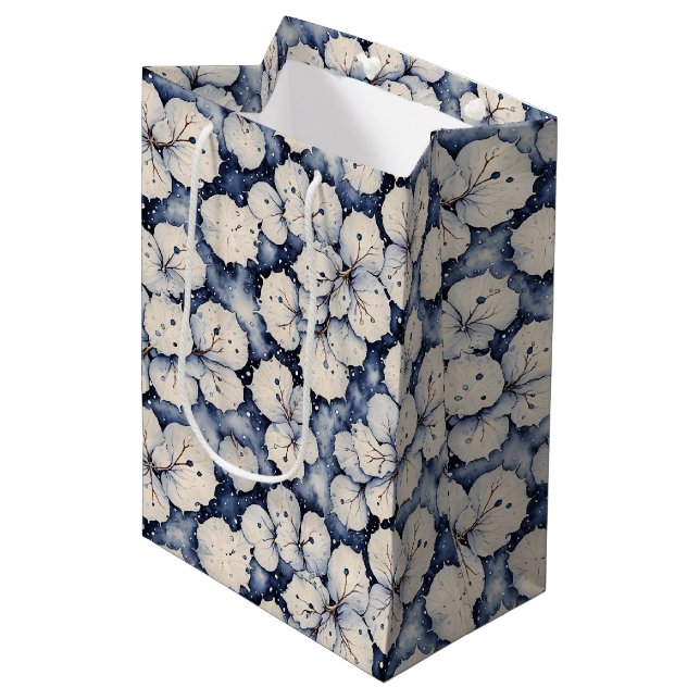 Midnight Blue & Ivory Winter Bloom Medium Gift Bag (Front Angled)