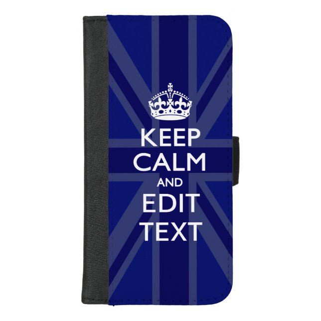 Midnight Blue Keep Calm and Your Text Union Jack iPhone Wallet Case (Front)
