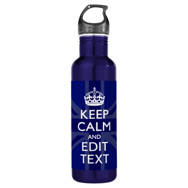 Midnight Blue Keep Calm and Your Text Union Jack Stainless Steel Water Bottle (Front)