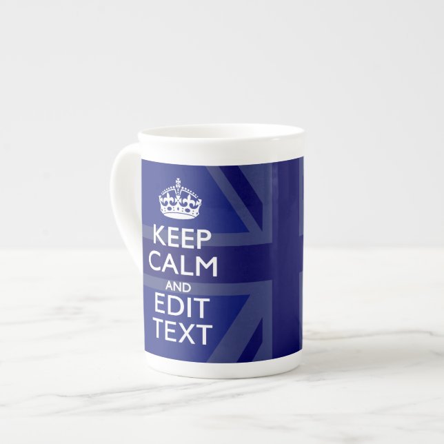 Midnight Blue Keep Calm Have Your Text Union Jack Bone China Mug (Front Left)