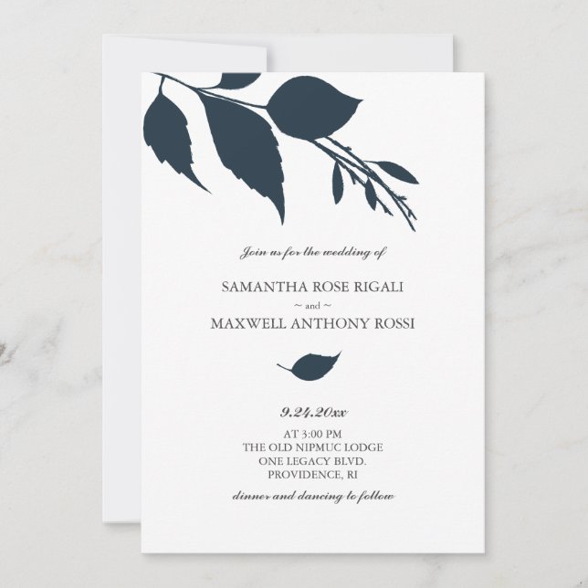 Midnight Blue Leaf Wedding Invitation (Front)