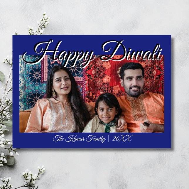 Midnight Blue Luxury Photo Happy Diwali Greeting Holiday Card (Creator Uploaded)