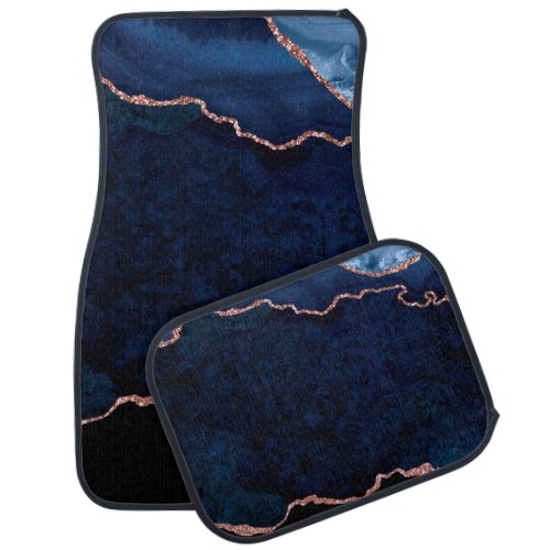 Midnight Blue Marble Agate With Chic Glitter Car Floor Mat
