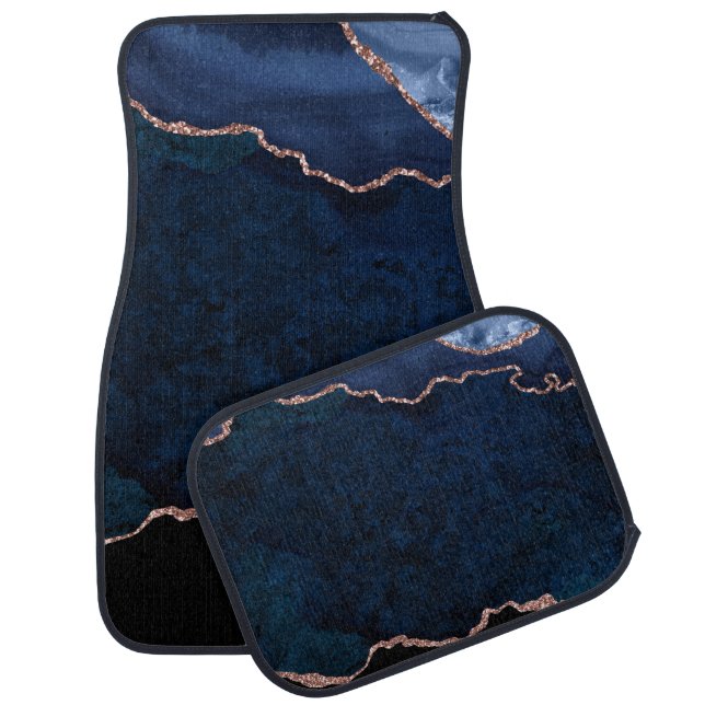 Midnight Blue Marble Agate With Chic Glitter Car Floor Mat (Set)