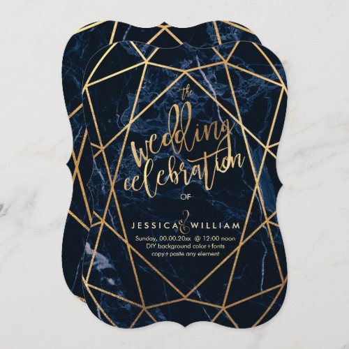 Midnight Blue MarbleFaux Gold Wedding Invitation