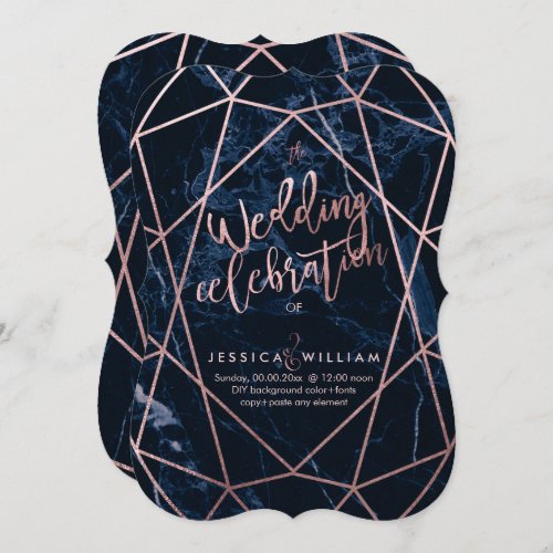 Midnight Blue MarbleFaux Rose Gold Wedding Invitation