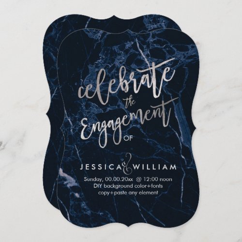 Midnight Blue MarbleFaux Silver Engagement Invitation