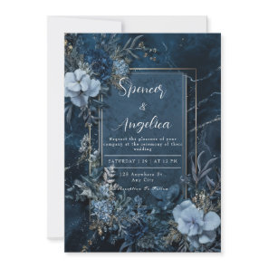 Midnight Blue Marble Floral Gold Frame Wedding Invitation