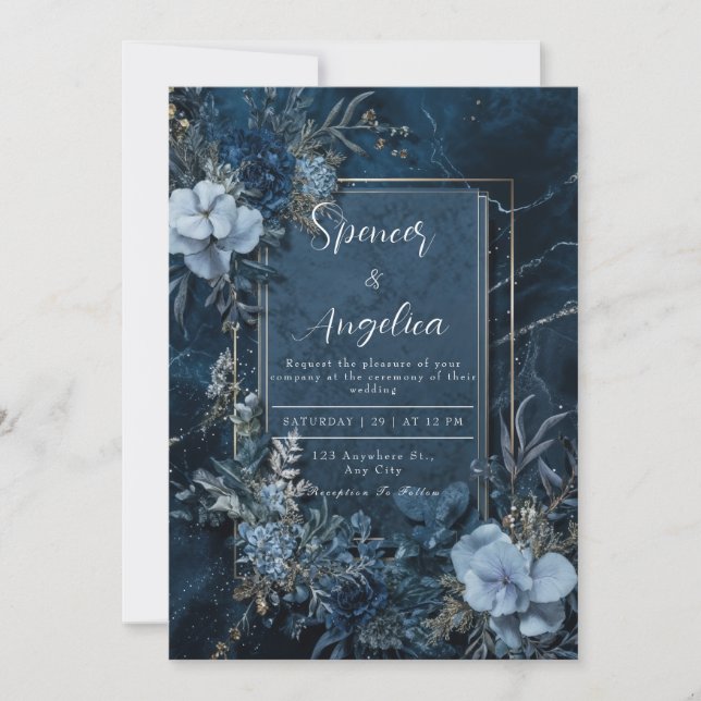 Midnight Blue Marble Floral Gold Frame Wedding Invitation (Front)
