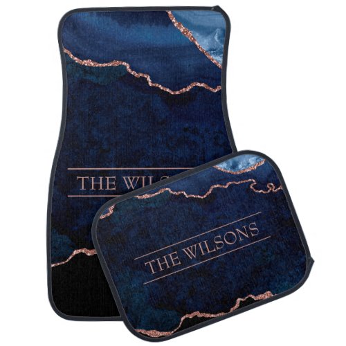 Midnight Blue Marble Monogram  With Chic Glitter Car Floor Mat