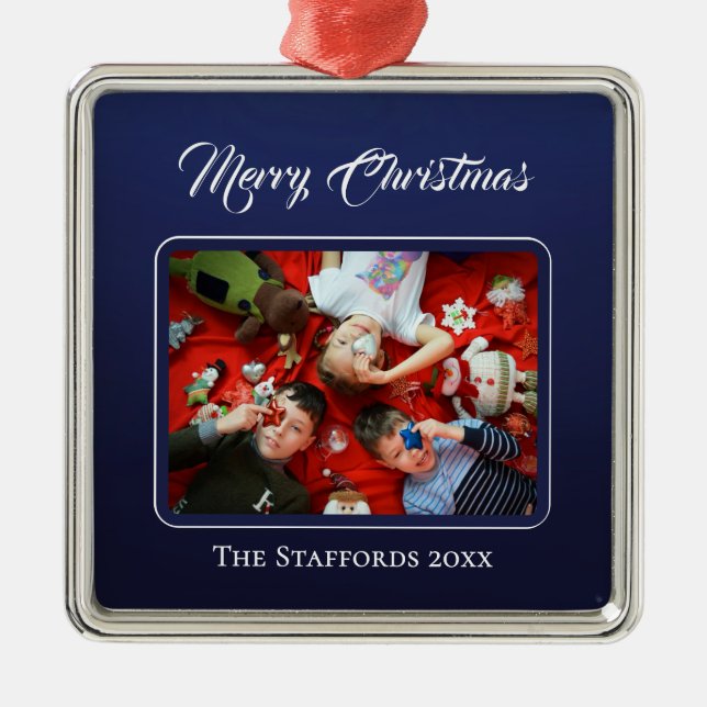 Midnight Blue Merry Christmas Photo Ornament (Front)