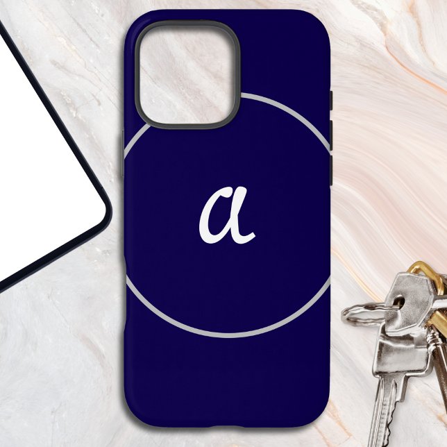 Midnight Blue Minimalist Modern Sleek Monogrammed Case-Mate iPhone Case (A monogrammed phone case, in midnight blue with simple white circle in a minimalist design)