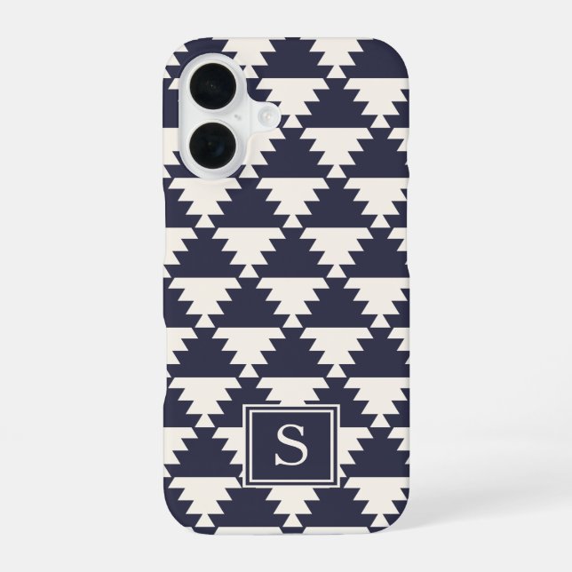 Midnight Blue Modern Aztec Geometric Monogram Iphone Case (Back)
