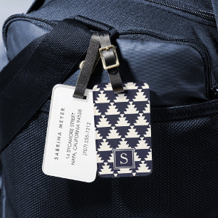 Midnight Blue Modern Aztec Geometric Monogram Luggage Tag