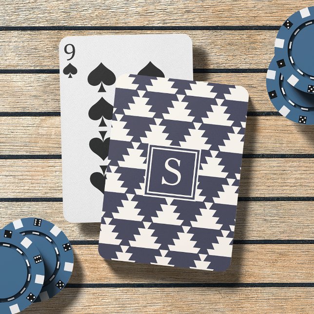 Midnight Blue Modern Aztec Geometric Monogram Poker Cards (Creator Uploaded)