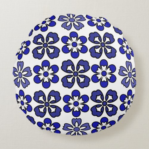 Midnight Blue Modern Floral Round Pillow