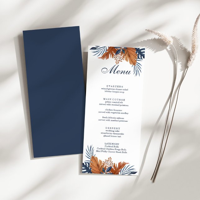 Midnight Blue Monstera Menu Card (Midnight Blue Monstera Menu Card on a sunny white table with a dry wildflower.)