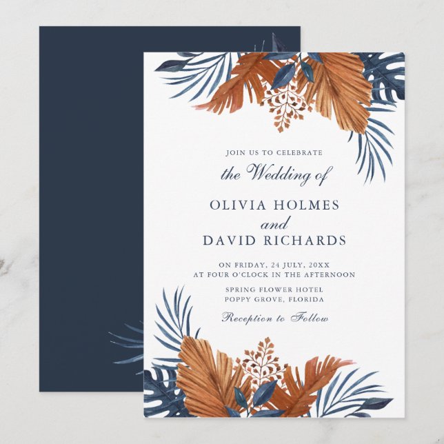Midnight Blue Monstera Wedding Invitation (Front/Back)