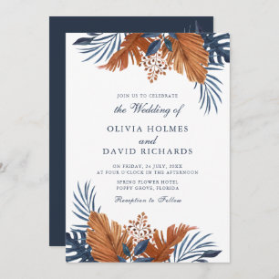 Midnight Blue Monstera Wedding Invitation