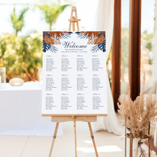 Midnight Blue Monstera Wedding Seating Chart Foam Board
