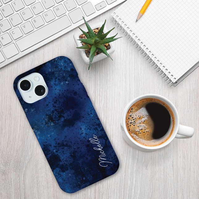 Midnight Blue Moody Watercolor Monogram iPhone 15 Case (Creator Uploaded)