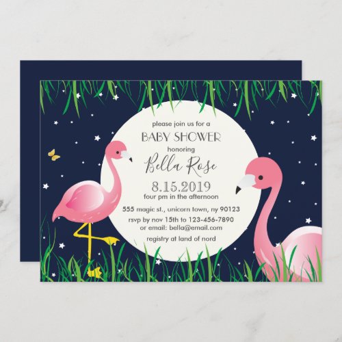 Midnight Blue Moon Star Flamingos Baby Shower Card