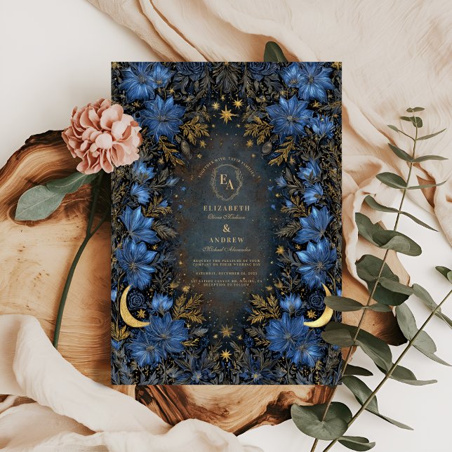 Midnight Blue Moon & Star Wedding Invitation (Creator Uploaded)