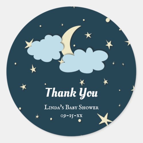 Midnight Blue Moon  Stars Elegant Baby Shower Classic Round Sticker