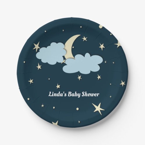 Midnight Blue Moon  Stars Elegant Baby Shower Paper Plates