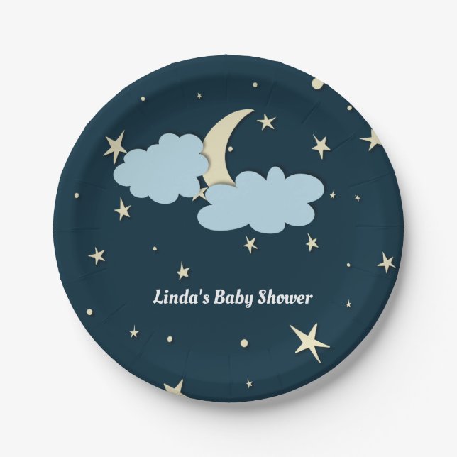 Midnight Blue Moon & Stars Elegant Baby Shower Paper Plates (Front)