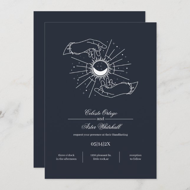 Midnight Blue Mystical Hands Celestial Handfasting Invitation (Front/Back)
