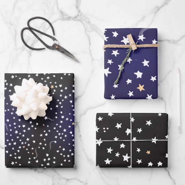 Midnight Blue Night Sky, Shooting Stars, Galaxy Wrapping Paper Sheets (Front)