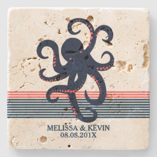Midnight Blue Octopus & Decorative Stripes Stone Coaster