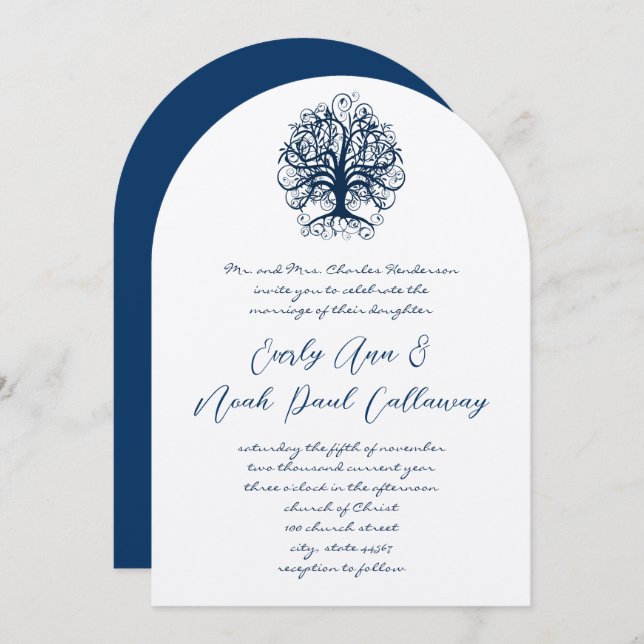 Midnight Blue Opulence Swirl Tree Wedding  Invitation (Front/Back)