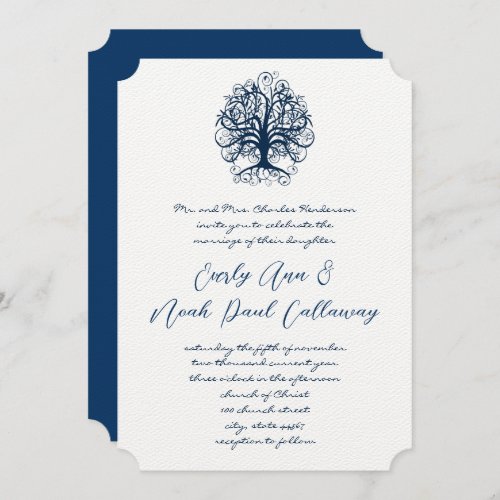 Midnight Blue Opulence Swirl Tree Wedding  Invitation