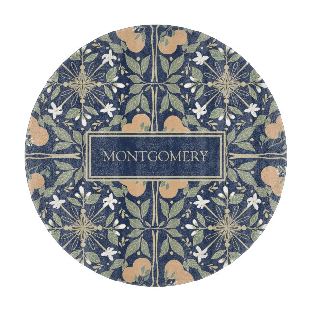 Midnight Blue Orange Blossoms Pattern Cutting Board (Front)