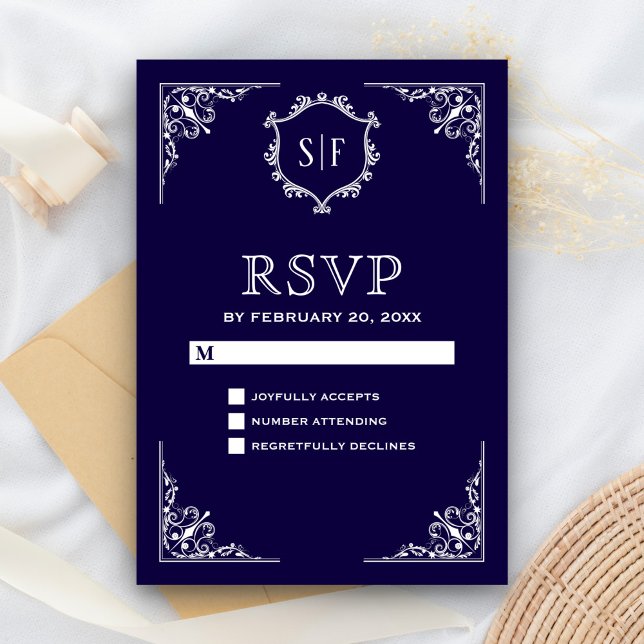 Midnight Blue Ornate Monogram RSVP Card (Creator Uploaded)
