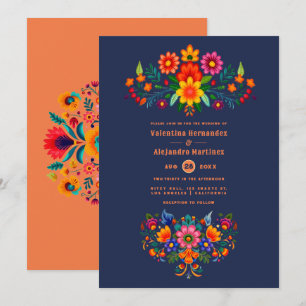 Midnight Blue & Papaya Folk Art Fiesta Wedding Invitation