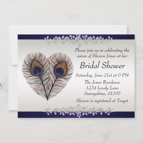 Midnight Blue Peacock Bridal Shower Custom Invitations
