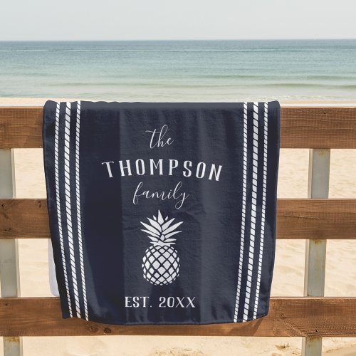 Midnight Blue Personalized Family Name Pineapple Beach Towel